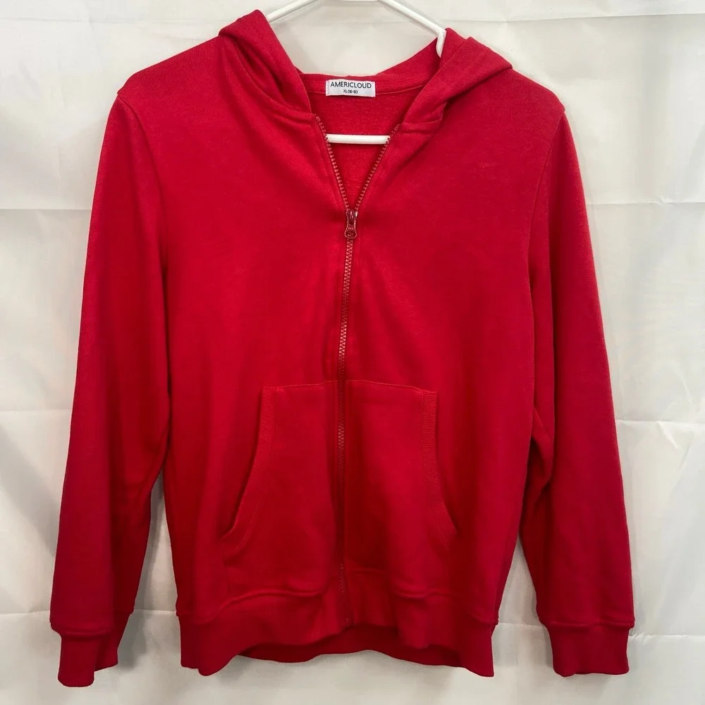 Americloud youth solid‎ red fleece lined hooded full zip casual sweatshirt XL